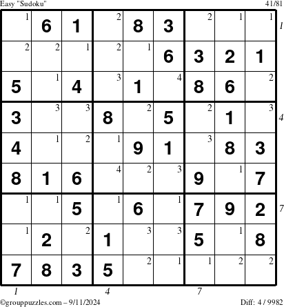 The grouppuzzles.com Easy Sudoku puzzle for Wednesday September 11, 2024 with all 4 steps marked