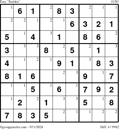 The grouppuzzles.com Easy Sudoku puzzle for Wednesday September 11, 2024 with the first 3 steps marked