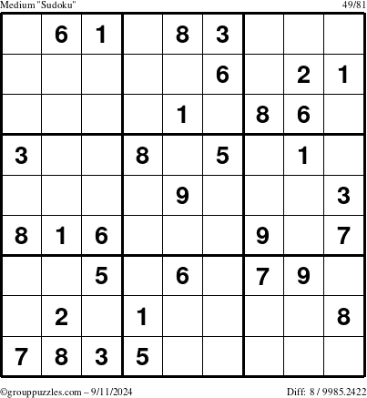 The grouppuzzles.com Medium Sudoku puzzle for Wednesday September 11, 2024