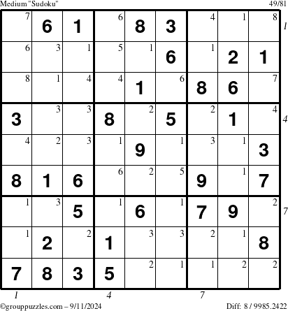 The grouppuzzles.com Medium Sudoku puzzle for Wednesday September 11, 2024, suitable for printing, with all 8 steps marked