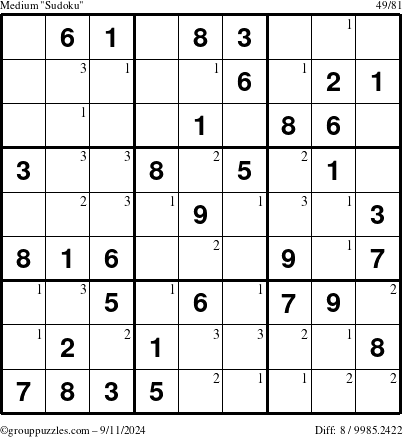 The grouppuzzles.com Medium Sudoku puzzle for Wednesday September 11, 2024 with the first 3 steps marked