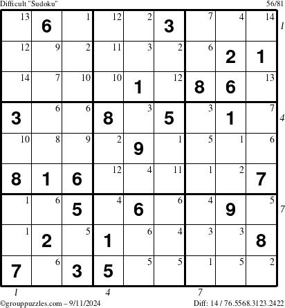 The grouppuzzles.com Difficult Sudoku puzzle for Wednesday September 11, 2024 with all 14 steps marked