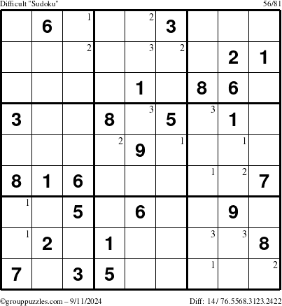 The grouppuzzles.com Difficult Sudoku puzzle for Wednesday September 11, 2024 with the first 3 steps marked