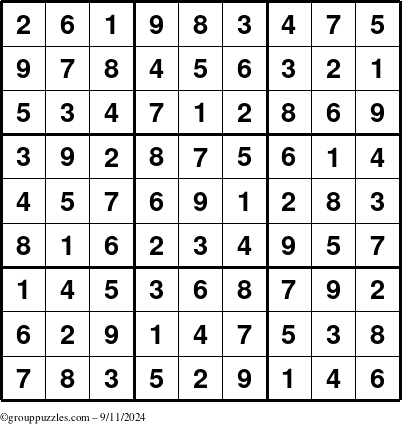 The grouppuzzles.com Answer grid for the Sudoku puzzle for Wednesday September 11, 2024