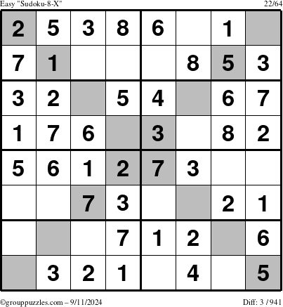 The grouppuzzles.com Easy Sudoku-8-X puzzle for Wednesday September 11, 2024