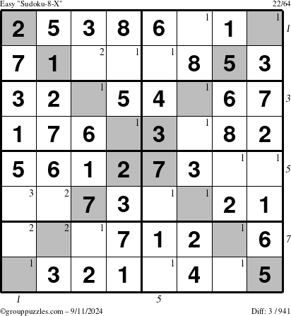 The grouppuzzles.com Easy Sudoku-8-X puzzle for Wednesday September 11, 2024 with all 3 steps marked