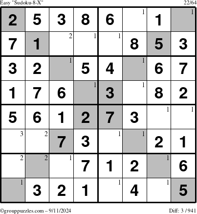 The grouppuzzles.com Easy Sudoku-8-X puzzle for Wednesday September 11, 2024 with the first 3 steps marked