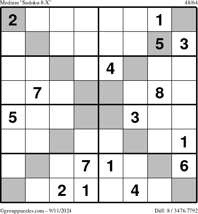 The grouppuzzles.com Medium Sudoku-8-X puzzle for Wednesday September 11, 2024