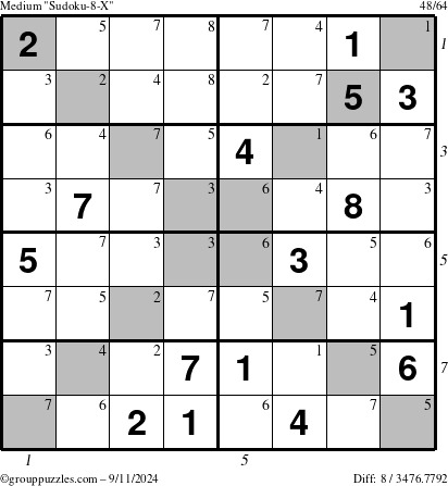 The grouppuzzles.com Medium Sudoku-8-X puzzle for Wednesday September 11, 2024 with all 8 steps marked