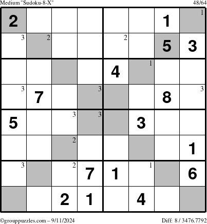 The grouppuzzles.com Medium Sudoku-8-X puzzle for Wednesday September 11, 2024 with the first 3 steps marked