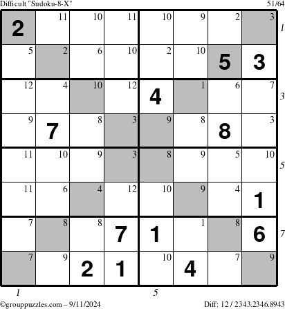 The grouppuzzles.com Difficult Sudoku-8-X puzzle for Wednesday September 11, 2024 with all 12 steps marked