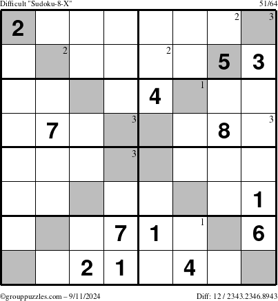 The grouppuzzles.com Difficult Sudoku-8-X puzzle for Wednesday September 11, 2024 with the first 3 steps marked