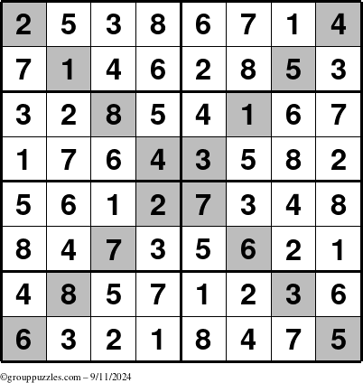 The grouppuzzles.com Answer grid for the Sudoku-8-X puzzle for Wednesday September 11, 2024