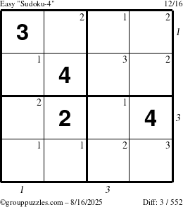 The grouppuzzles.com Easy Sudoku-4 puzzle for Saturday August 16, 2025 with all 3 steps marked