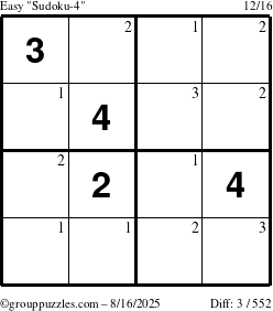 The grouppuzzles.com Easy Sudoku-4 puzzle for Saturday August 16, 2025 with the first 3 steps marked