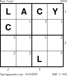 The grouppuzzles.com Easy Lacy puzzle for Saturday August 16, 2025 with all 3 steps marked
