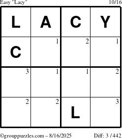 The grouppuzzles.com Easy Lacy puzzle for Saturday August 16, 2025 with the first 3 steps marked