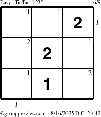 The grouppuzzles.com Easy TicTac-123 puzzle for Saturday August 16, 2025 with all 2 steps marked