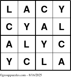The grouppuzzles.com Answer grid for the Lacy puzzle for Saturday August 16, 2025