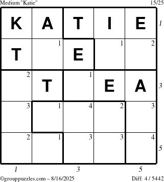 The grouppuzzles.com Medium Katie puzzle for Saturday August 16, 2025 with all 4 steps marked