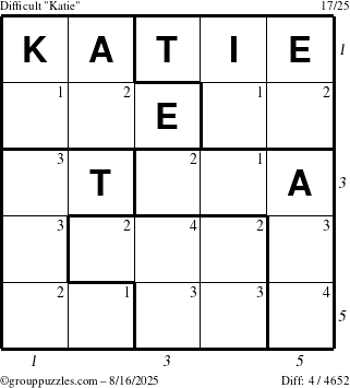 The grouppuzzles.com Difficult Katie puzzle for Saturday August 16, 2025 with all 4 steps marked