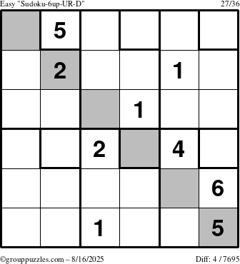 The grouppuzzles.com Easy Sudoku-6up-UR-D puzzle for Saturday August 16, 2025