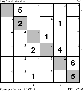 The grouppuzzles.com Easy Sudoku-6up-UR-D puzzle for Saturday August 16, 2025 with all 4 steps marked