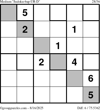 The grouppuzzles.com Medium Sudoku-6up-UR-D puzzle for Saturday August 16, 2025