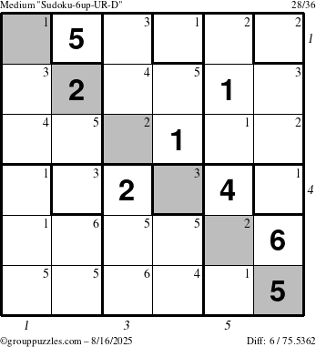 The grouppuzzles.com Medium Sudoku-6up-UR-D puzzle for Saturday August 16, 2025 with all 6 steps marked