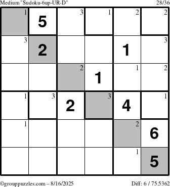 The grouppuzzles.com Medium Sudoku-6up-UR-D puzzle for Saturday August 16, 2025 with the first 3 steps marked