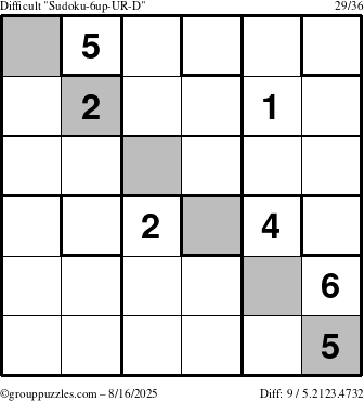 The grouppuzzles.com Difficult Sudoku-6up-UR-D puzzle for Saturday August 16, 2025