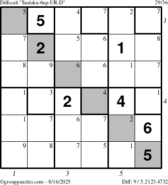 The grouppuzzles.com Difficult Sudoku-6up-UR-D puzzle for Saturday August 16, 2025 with all 9 steps marked