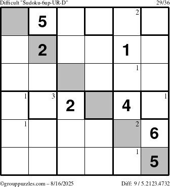 The grouppuzzles.com Difficult Sudoku-6up-UR-D puzzle for Saturday August 16, 2025 with the first 3 steps marked