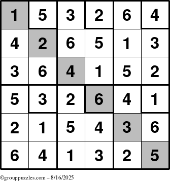The grouppuzzles.com Answer grid for the Sudoku-6up-UR-D puzzle for Saturday August 16, 2025