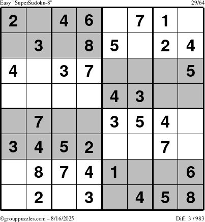 The grouppuzzles.com Easy SuperSudoku-8 puzzle for Saturday August 16, 2025