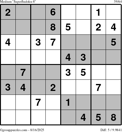 The grouppuzzles.com Medium SuperSudoku-8 puzzle for Saturday August 16, 2025