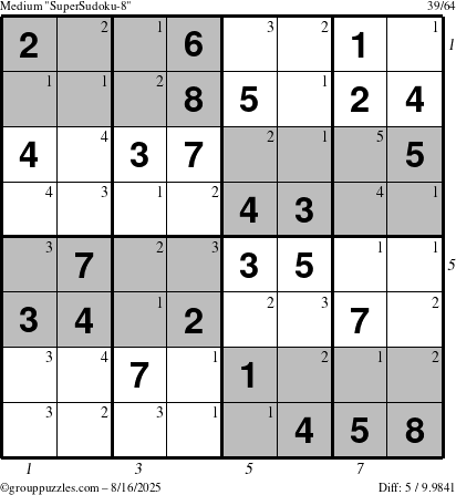 The grouppuzzles.com Medium SuperSudoku-8 puzzle for Saturday August 16, 2025 with all 5 steps marked