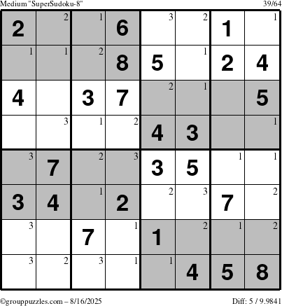 The grouppuzzles.com Medium SuperSudoku-8 puzzle for Saturday August 16, 2025 with the first 3 steps marked