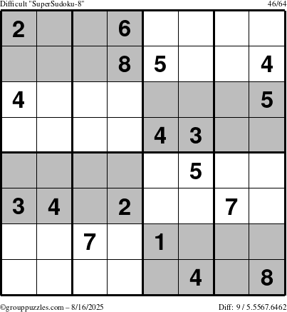 The grouppuzzles.com Difficult SuperSudoku-8 puzzle for Saturday August 16, 2025