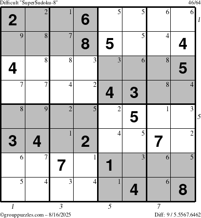 The grouppuzzles.com Difficult SuperSudoku-8 puzzle for Saturday August 16, 2025 with all 9 steps marked