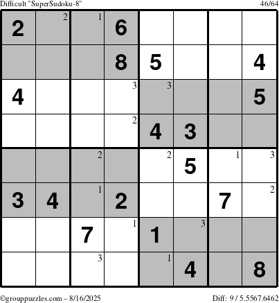 The grouppuzzles.com Difficult SuperSudoku-8 puzzle for Saturday August 16, 2025 with the first 3 steps marked