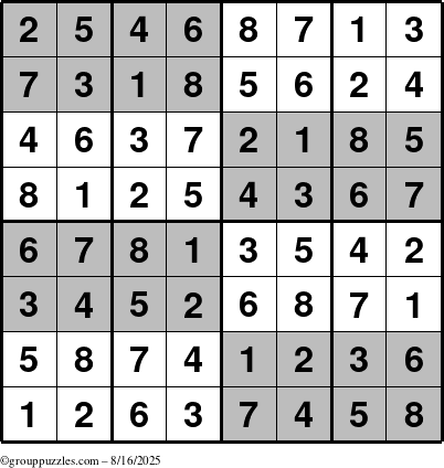 The grouppuzzles.com Answer grid for the SuperSudoku-8 puzzle for Saturday August 16, 2025