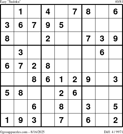 The grouppuzzles.com Easy Sudoku puzzle for Saturday August 16, 2025