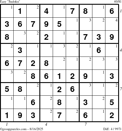 The grouppuzzles.com Easy Sudoku puzzle for Saturday August 16, 2025 with all 4 steps marked