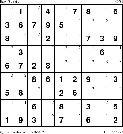 The grouppuzzles.com Easy Sudoku puzzle for Saturday August 16, 2025 with the first 3 steps marked