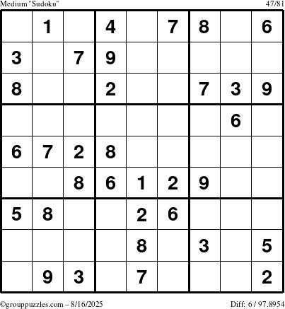The grouppuzzles.com Medium Sudoku puzzle for Saturday August 16, 2025