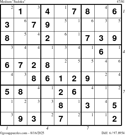The grouppuzzles.com Medium Sudoku puzzle for Saturday August 16, 2025 with all 6 steps marked