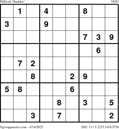 The grouppuzzles.com Difficult Sudoku puzzle for Saturday August 16, 2025