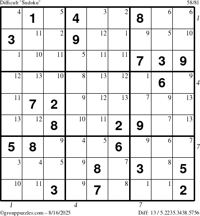 The grouppuzzles.com Difficult Sudoku puzzle for Saturday August 16, 2025 with all 13 steps marked