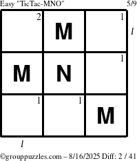 The grouppuzzles.com Easy TicTac-MNO puzzle for Saturday August 16, 2025 with all 2 steps marked